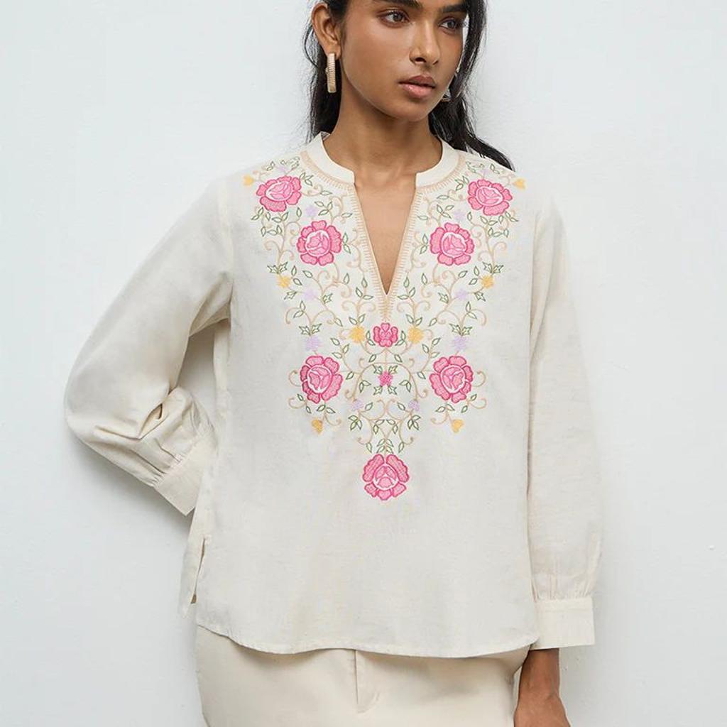 Utsa Off-White Embroidered Cotton Tunic