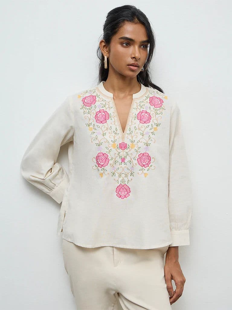 Utsa Off-White Embroidered Cotton Tunic