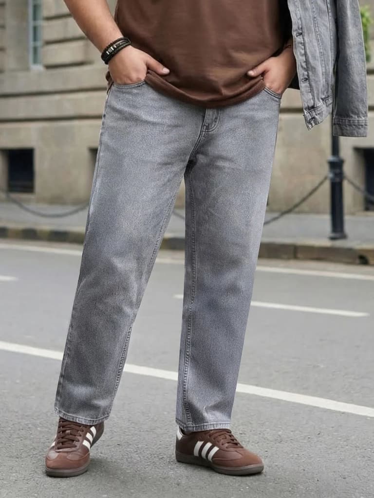 Plus Men's Ice Grey Relaxed Fit Washed Denim Jeans Non-Stretchable — 36 / Ice Grey