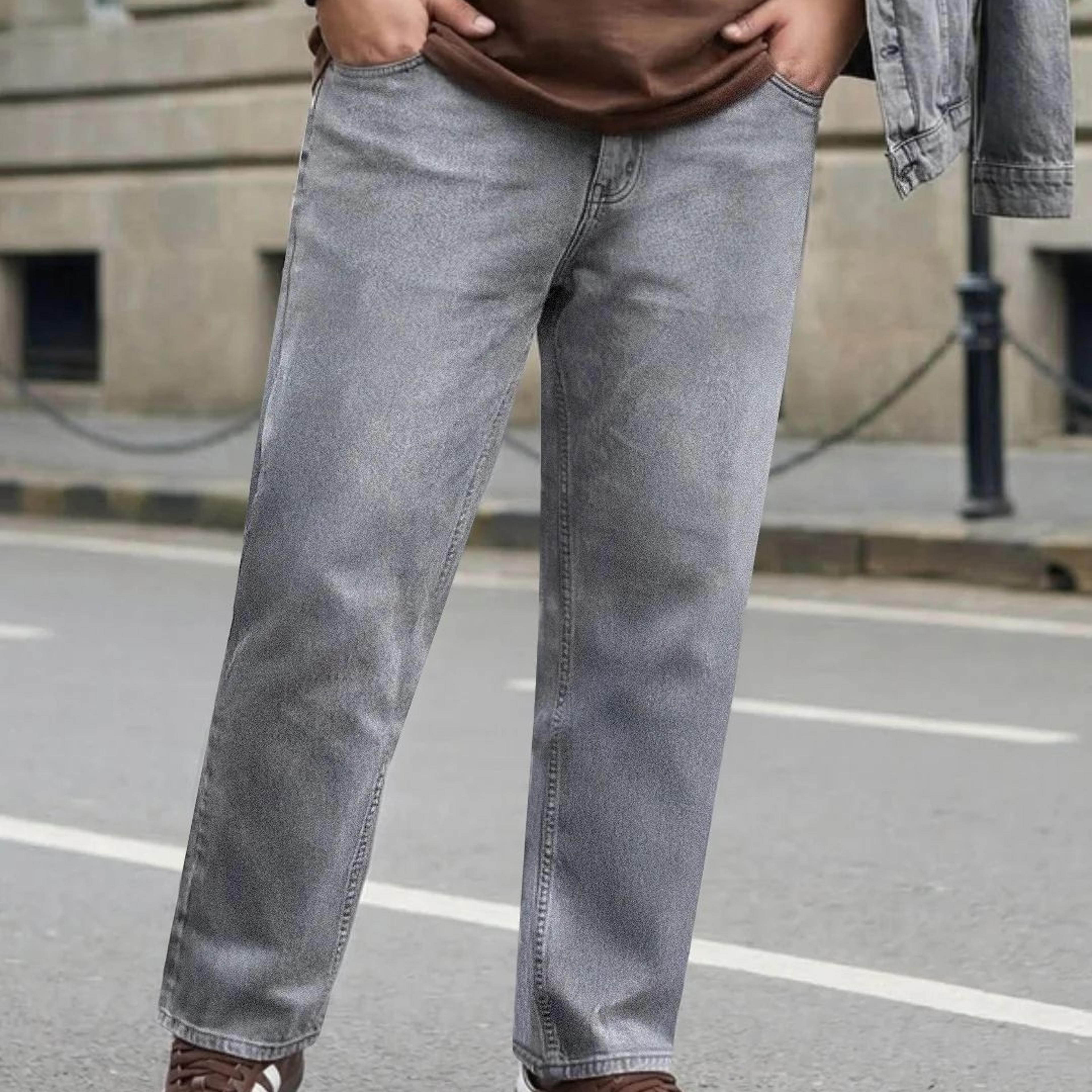 Plus Men's Ice Grey Relaxed Fit Washed Denim Jeans Non-Stretchable