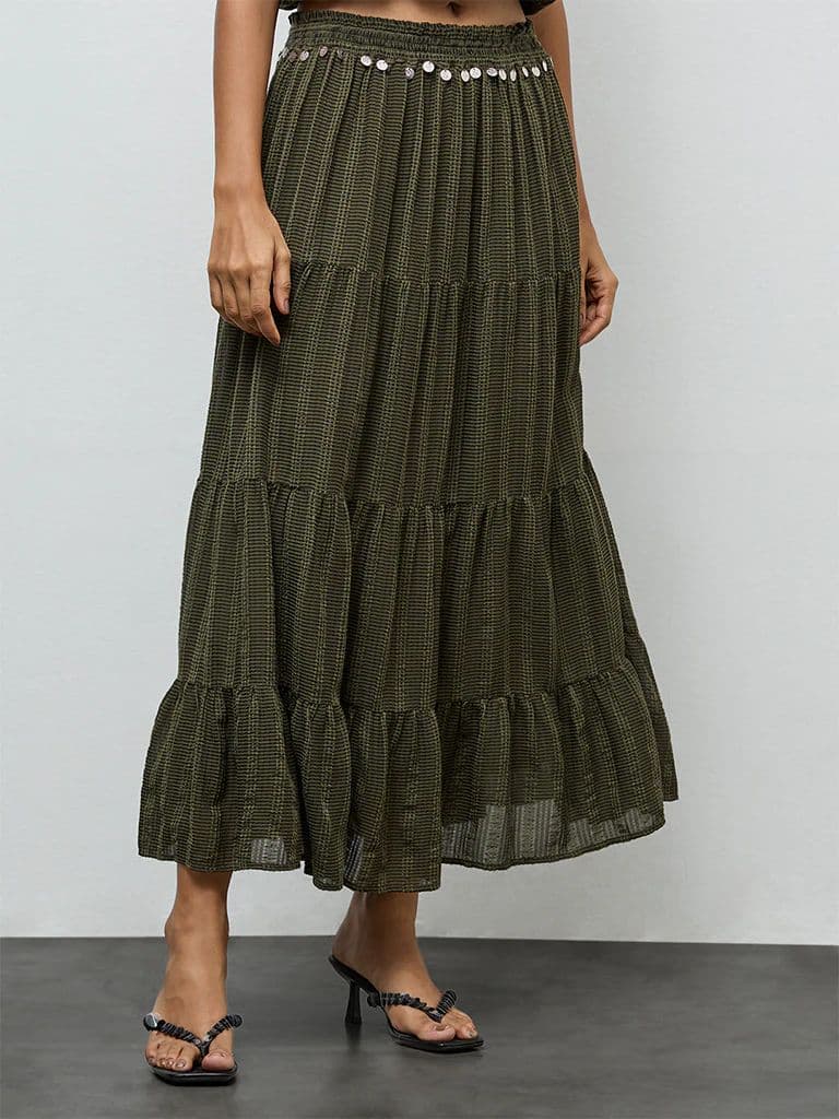 LOV Olive Embellished High-Rise Tiered Skirt — photo 2