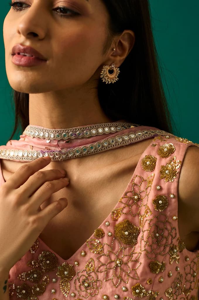 Pink Embroidered Straight Cut Blouse with Skirt and Dupatta Set — photo 6