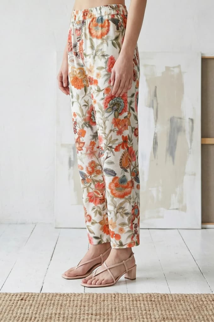 White Floral Printed Straight Fit Pants — photo 2