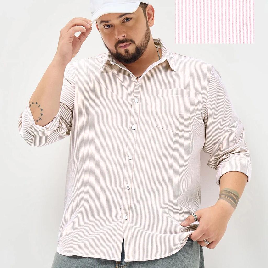 Plus Men's Light Pink Cotton Full Sleeve Regular Fit Casual Striped Shirt