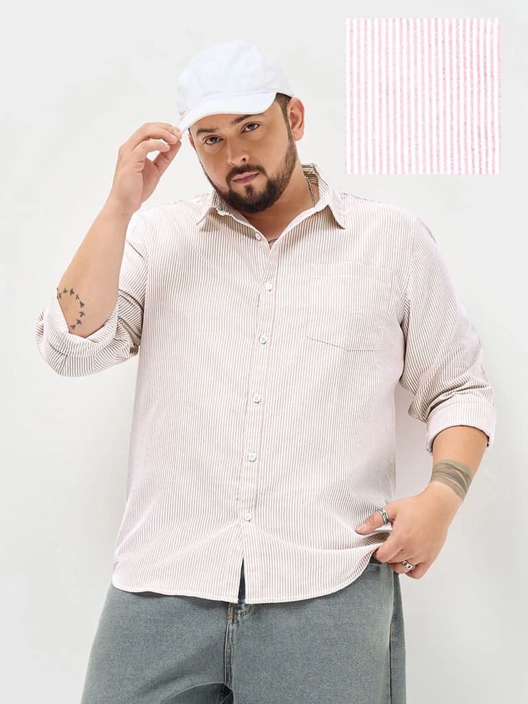 Plus Men's Light Pink Cotton Full Sleeve Regular Fit Casual Striped Shirt — 2XL / Light Pink