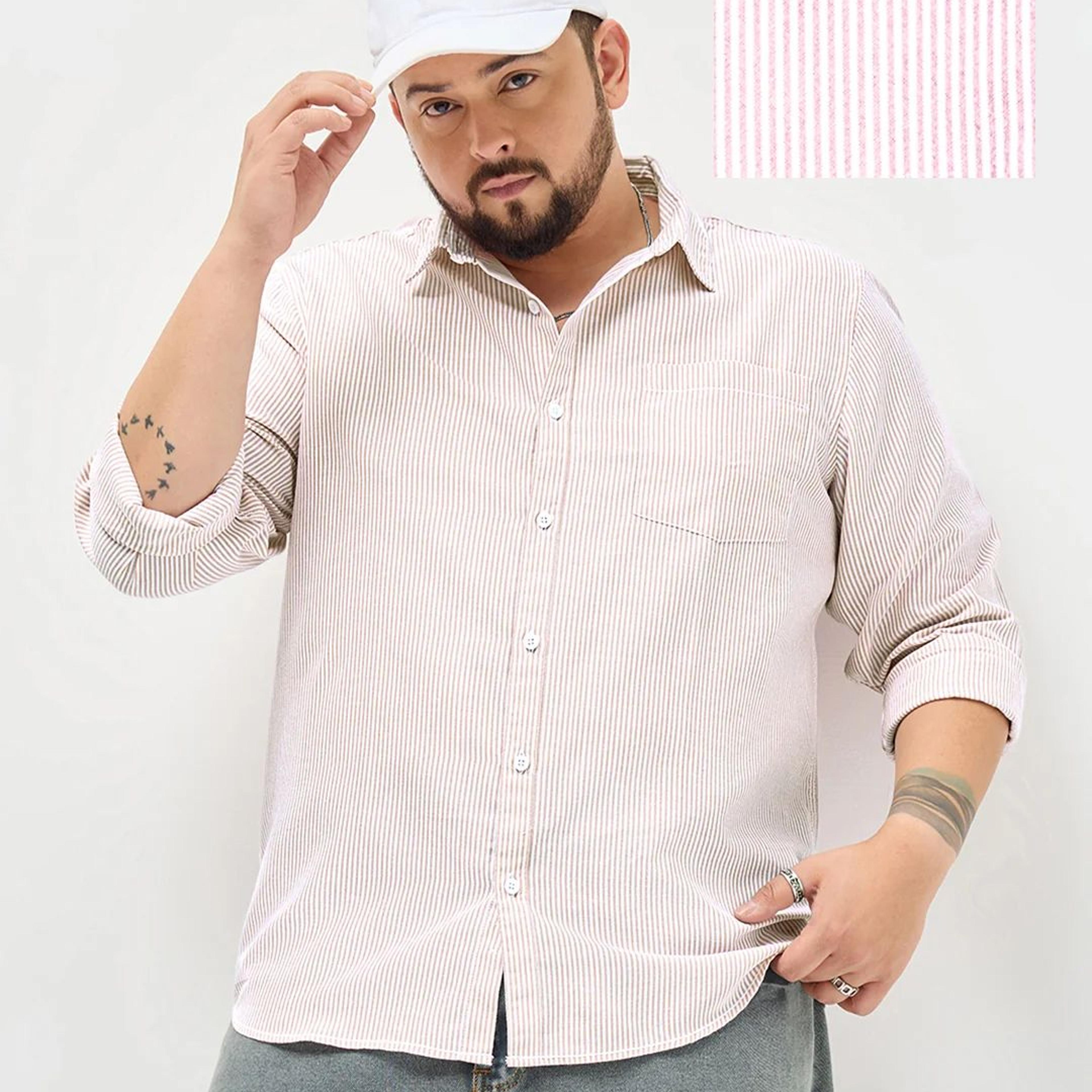 Plus Men's Light Pink Cotton Full Sleeve Regular Fit Casual Striped Shirt