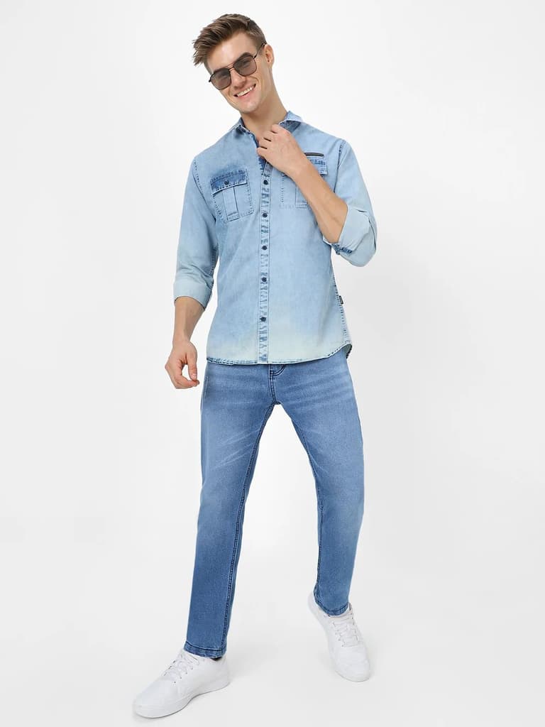 Men's Light Blue Slim Fit Mild Distressed/Torn Jeans Stretchable — photo 4