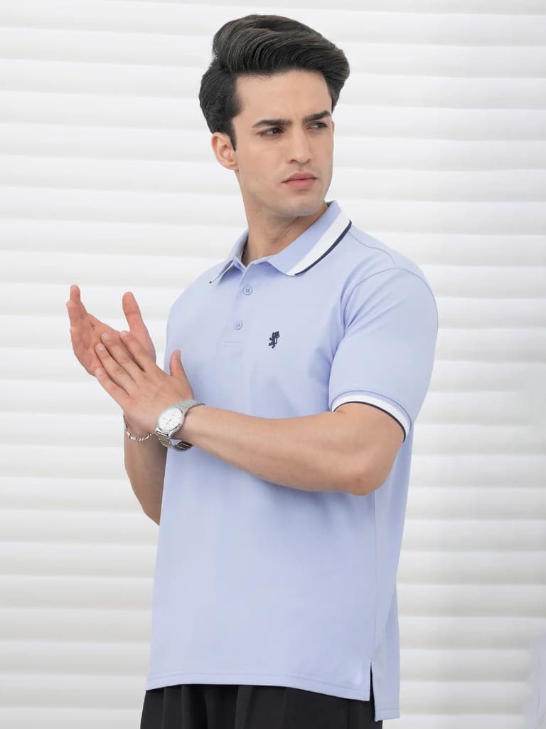 T Shirts for Men in Blue | Jacquard Collar Polo T Shirt — photo 6