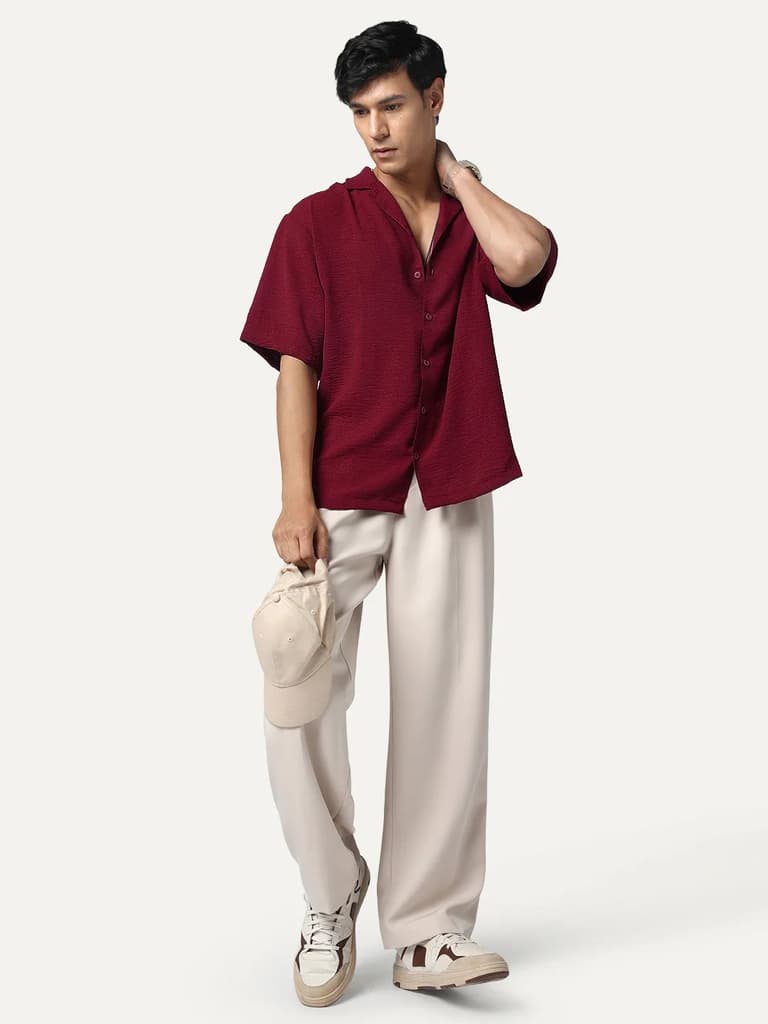 Men's Red Cotton Half Sleeve Relaxed Fit Textured Shirt with Cuban Collar — photo 4