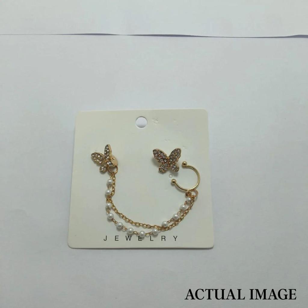 Butterfly Ear Stud with Pearl Chain Cuff – Elegant Single Statement Earring — photo 5