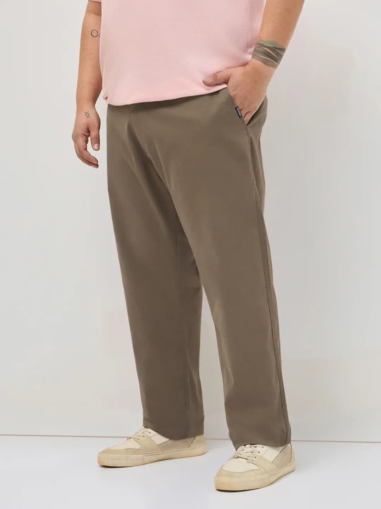Plus Men's Dark Taupe Straight Fit Mid Rise Cotton Casual Chinos Trousers Stretch — photo 2