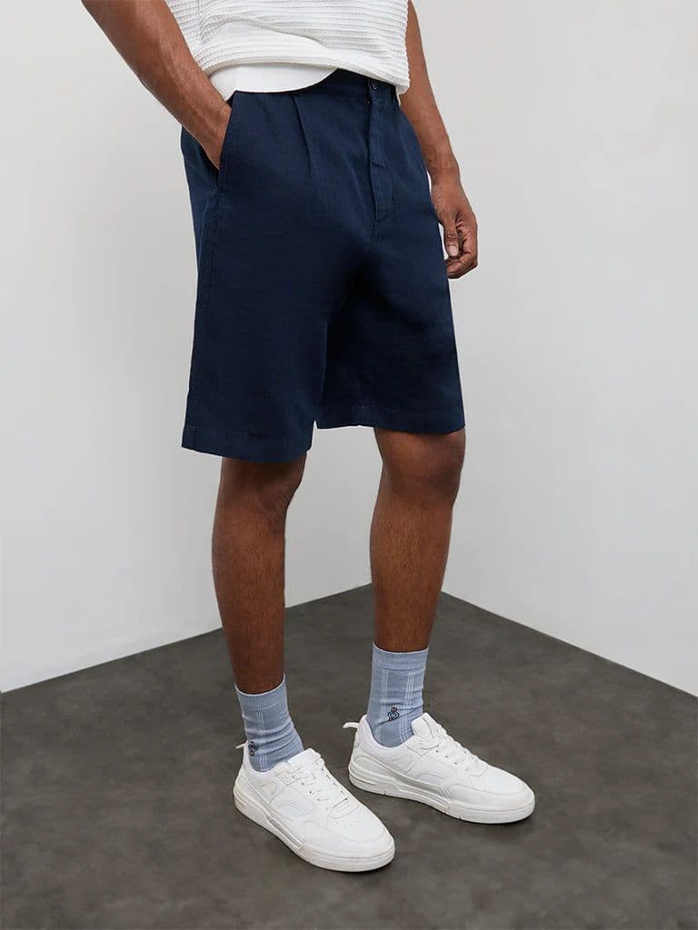 Ascot Navy Relaxed-Fit Mid-Rise Cotton-Blend Shorts — photo 2