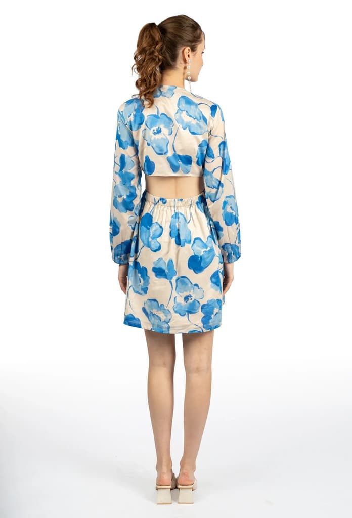 Blue & Beige Floral Cotton Cambric Fit & Flare Dress — photo 4
