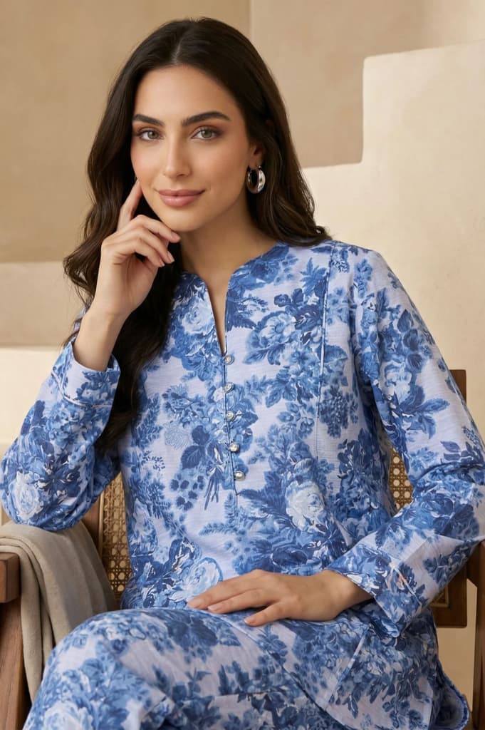 Blue Floral Printed Pure Cotton Straight Tunic with Pants Co-ord Set — photo 2