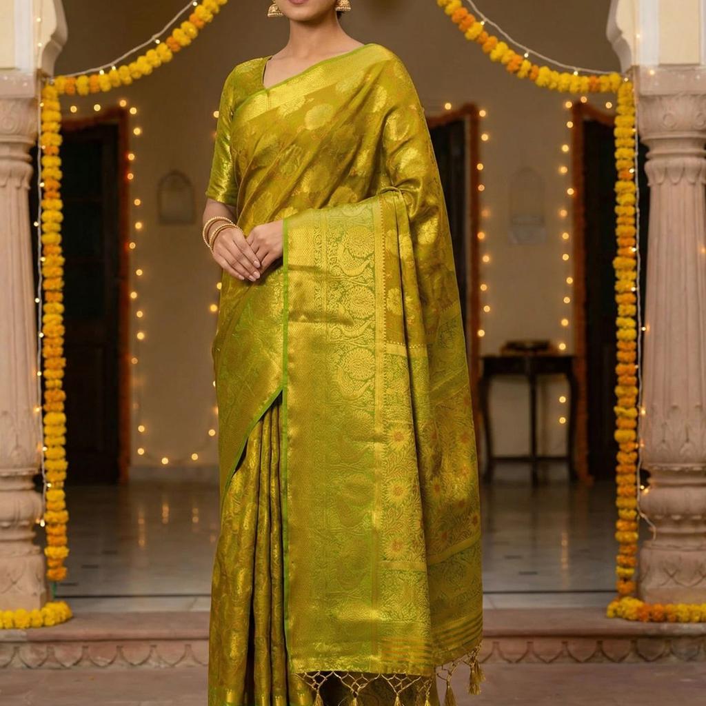 MIMOSA Women's Woven Design Kanjivaram Style Art Silk Saree with Blouse Piece - Olive ( SA00003142OLFREE )