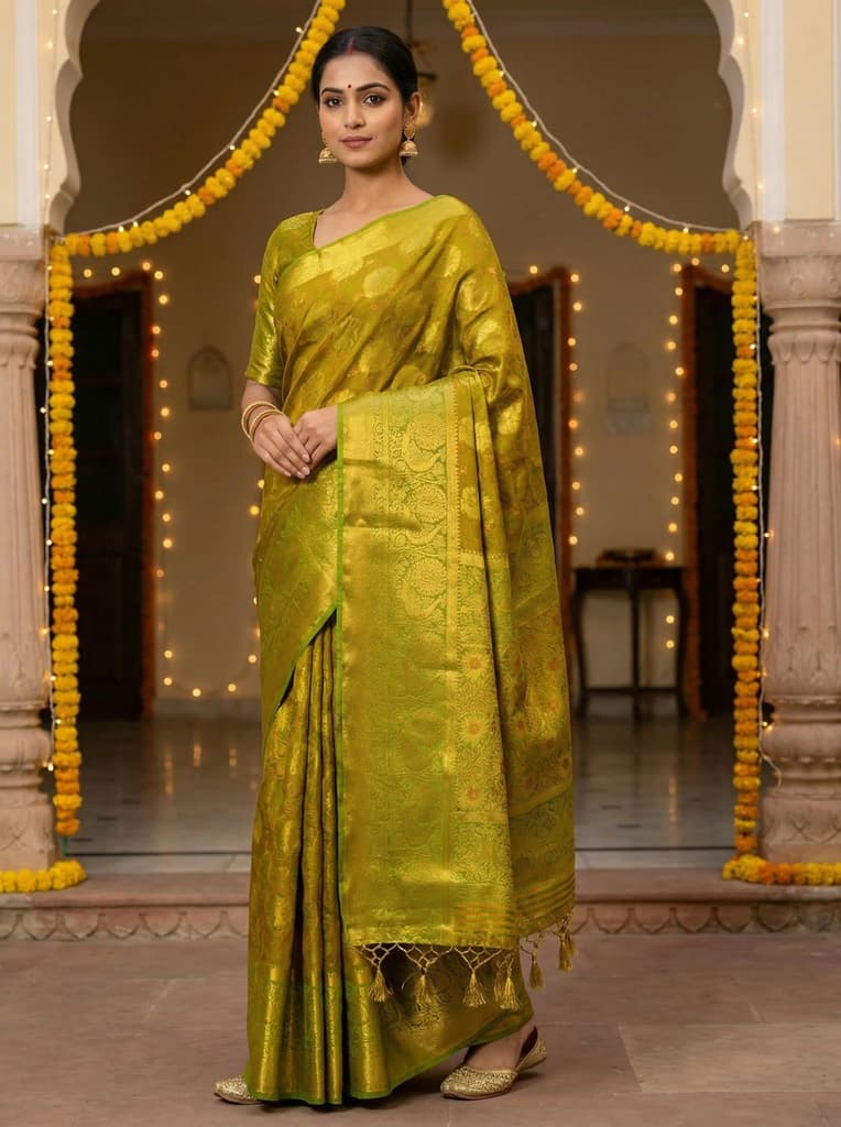 MIMOSA Women's Woven Design Kanjivaram Style Art Silk Saree with Blouse Piece - Olive ( SA00003142OLFREE ) — Default Title