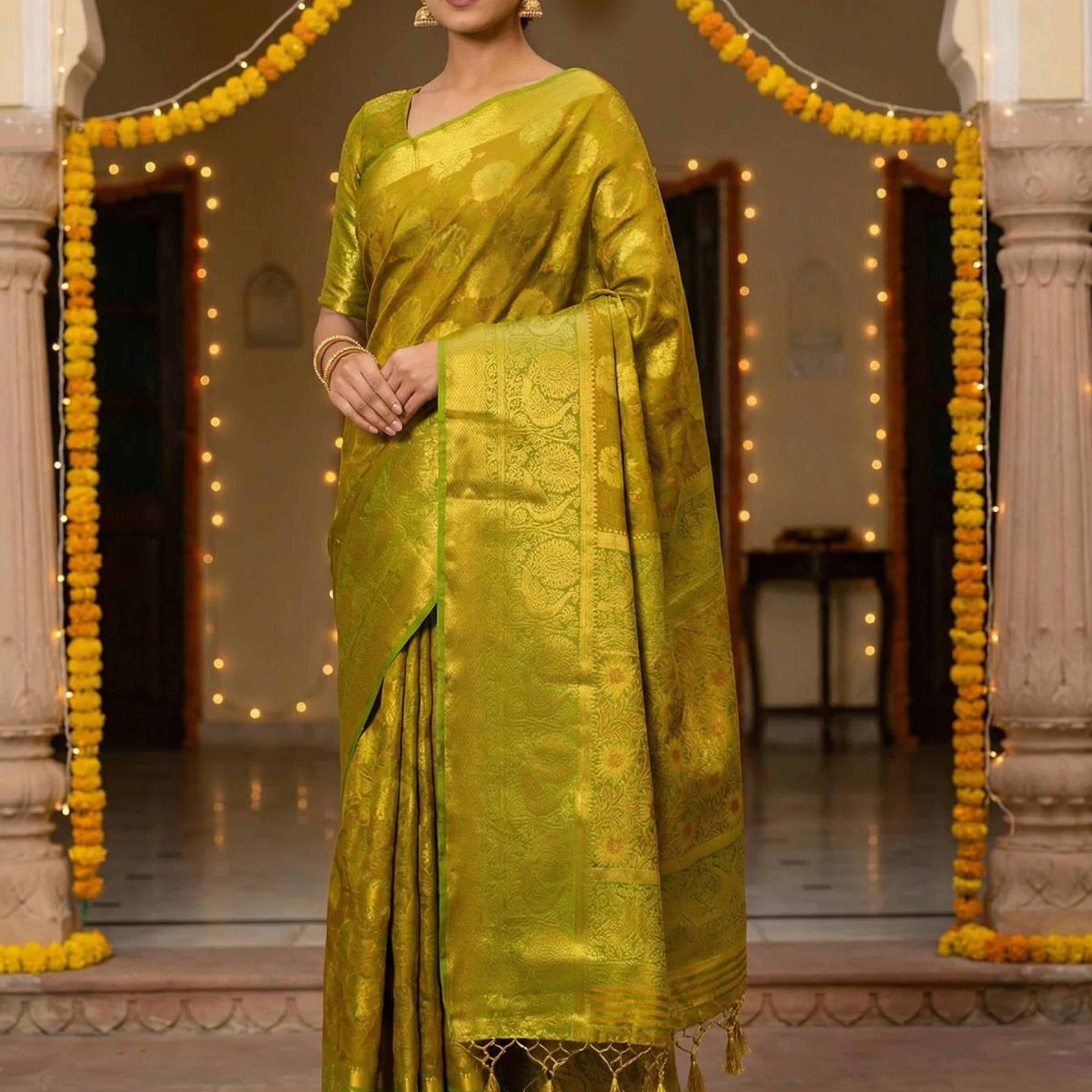 MIMOSA Women's Woven Design Kanjivaram Style Art Silk Saree with Blouse Piece - Olive ( SA00003142OLFREE )