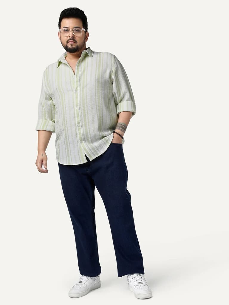 Plus Men's Light Green Cotton Full Sleeve Relaxed Fit Linen Striped Shirt with Spread Collar — photo 4