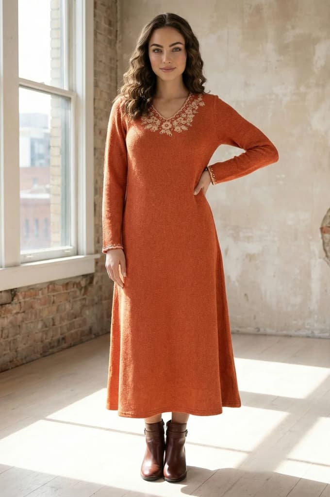 Orange Embroidered A-line Winter Dress — XS