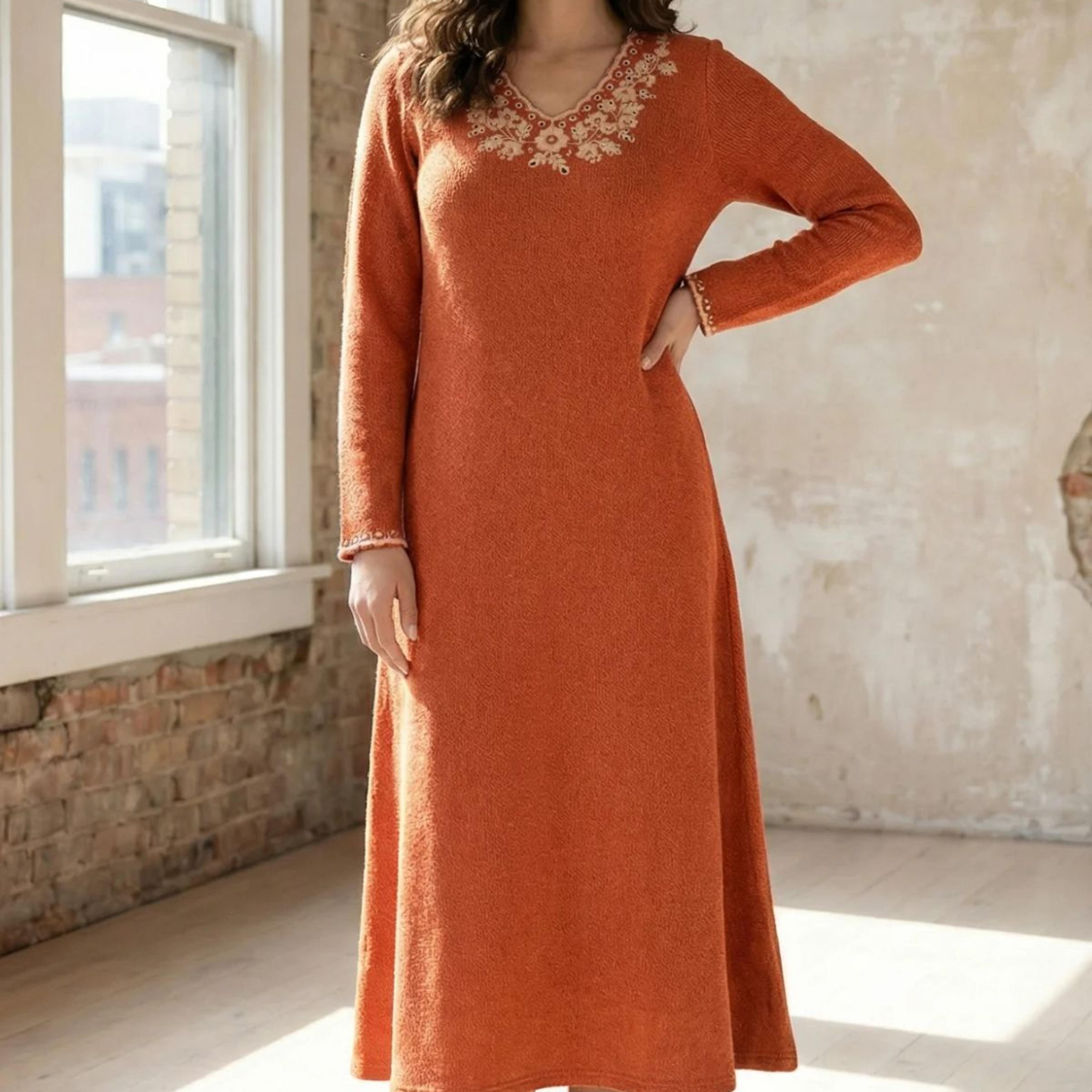 Orange Embroidered A-line Winter Dress