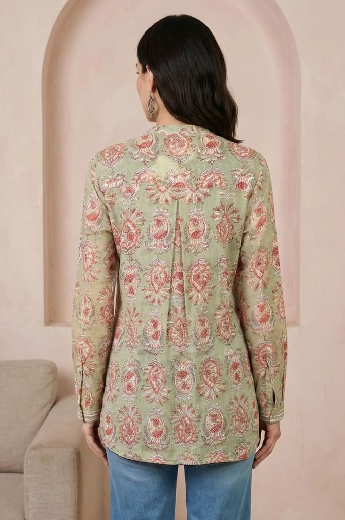 Green Block Floral Printed Pure Cotton A-line Top — photo 4