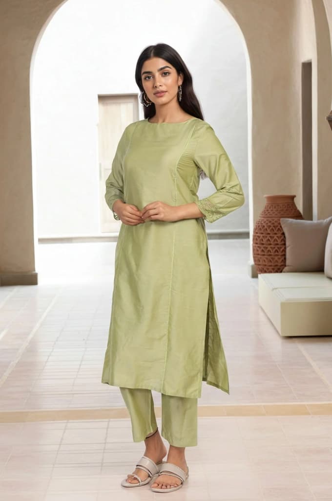 Light Green Solid Lace Trim Straight Kurta with Straight Pant and Dupatta Set — photo 6
