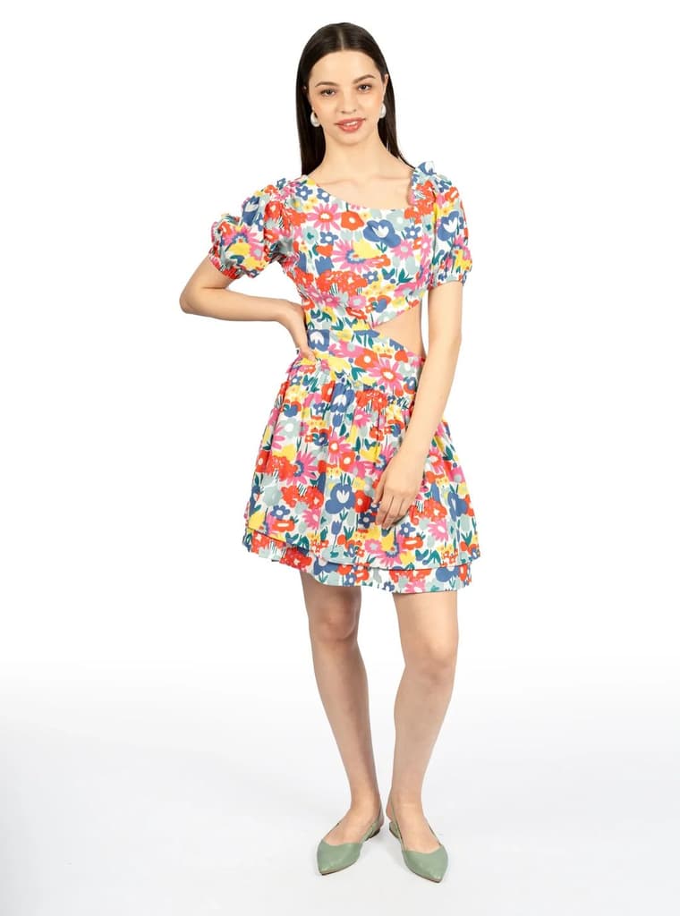 Multicolour Floral Cotton Double Cloth Fit & Flare Dress
