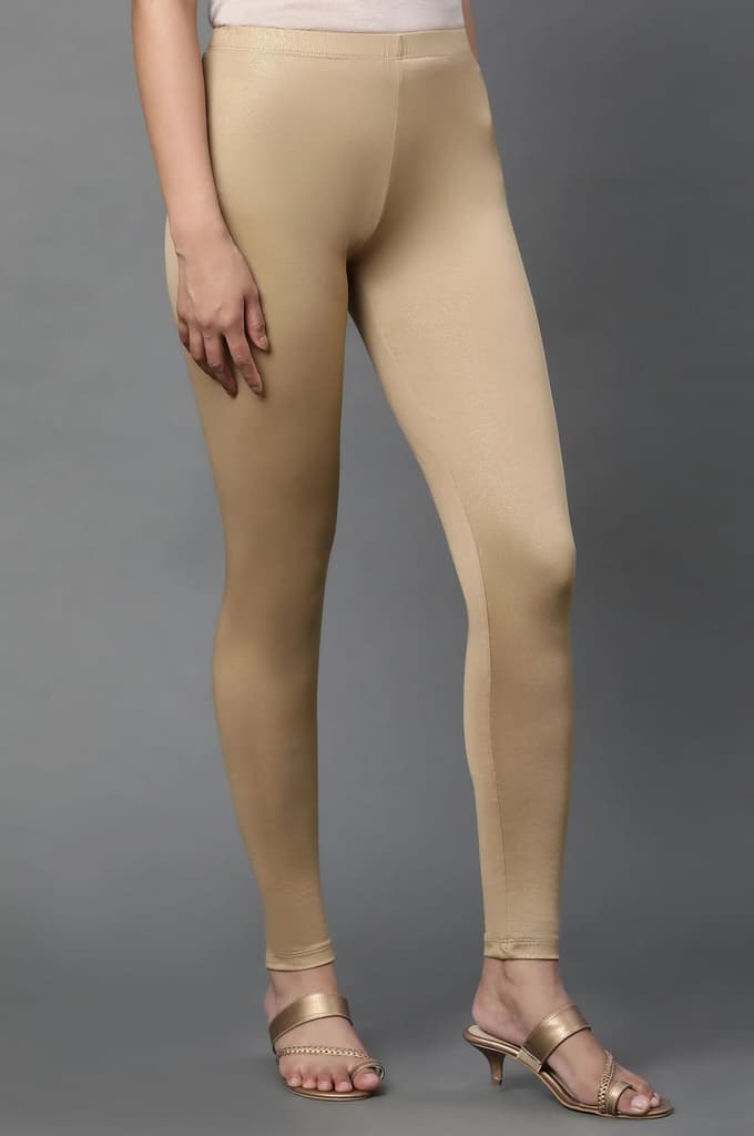 Gold Solid Skinny Fit Cotton Tights With Foil Print — photo 4