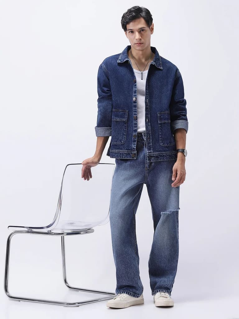 Men's Blue Relaxed Fit Full Sleeve Utility Denim Jacket — photo 5