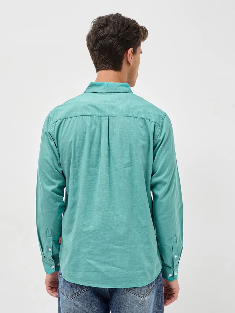 Men's Light Teal Cotton Full Sleeve Regular Fit Casual Solid Slub Shirt with Spread Collar — photo 3