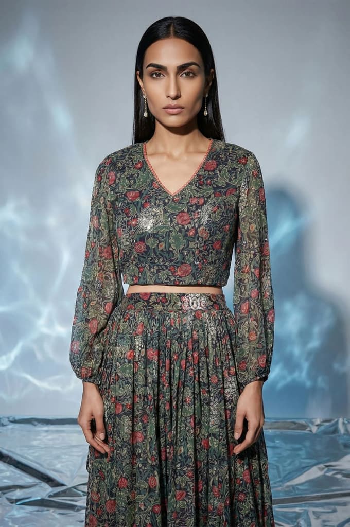 Navy Blue Foil Printed Floral Chiffon Crop Top with Skirt Set — photo 2