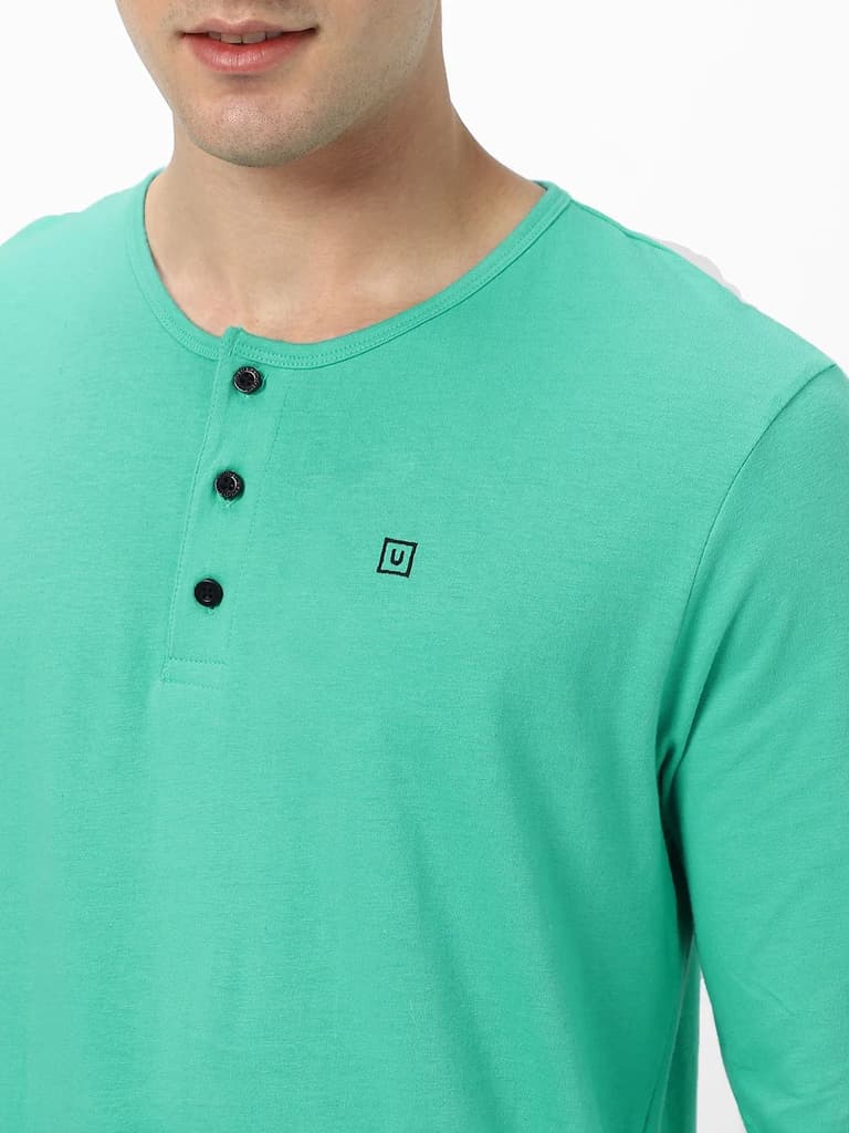 Men's Teal Green Solid Henley Neck Slim Fit Full Sleeve Cotton T-Shirt — photo 5