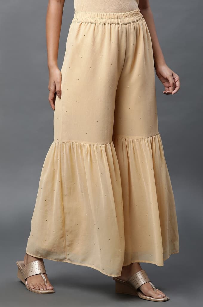 Gold Polka Dots Printed Flared Woven Palazzo With Elasticated Waist — photo 4