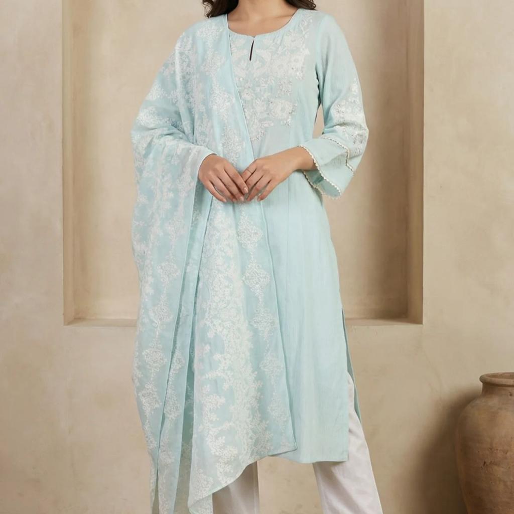 Blue Thread Embroidered Pure Cotton Straight Kurta with Straight Pants and Dupatta Set