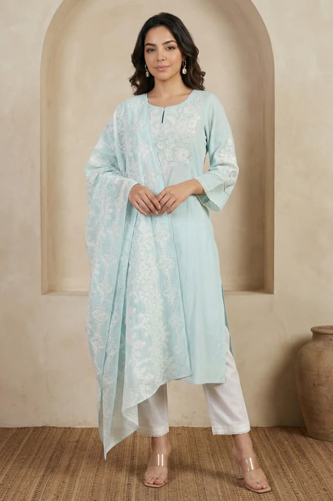 Blue Thread Embroidered Pure Cotton Straight Kurta with Straight Pants and Dupatta Set — XS
