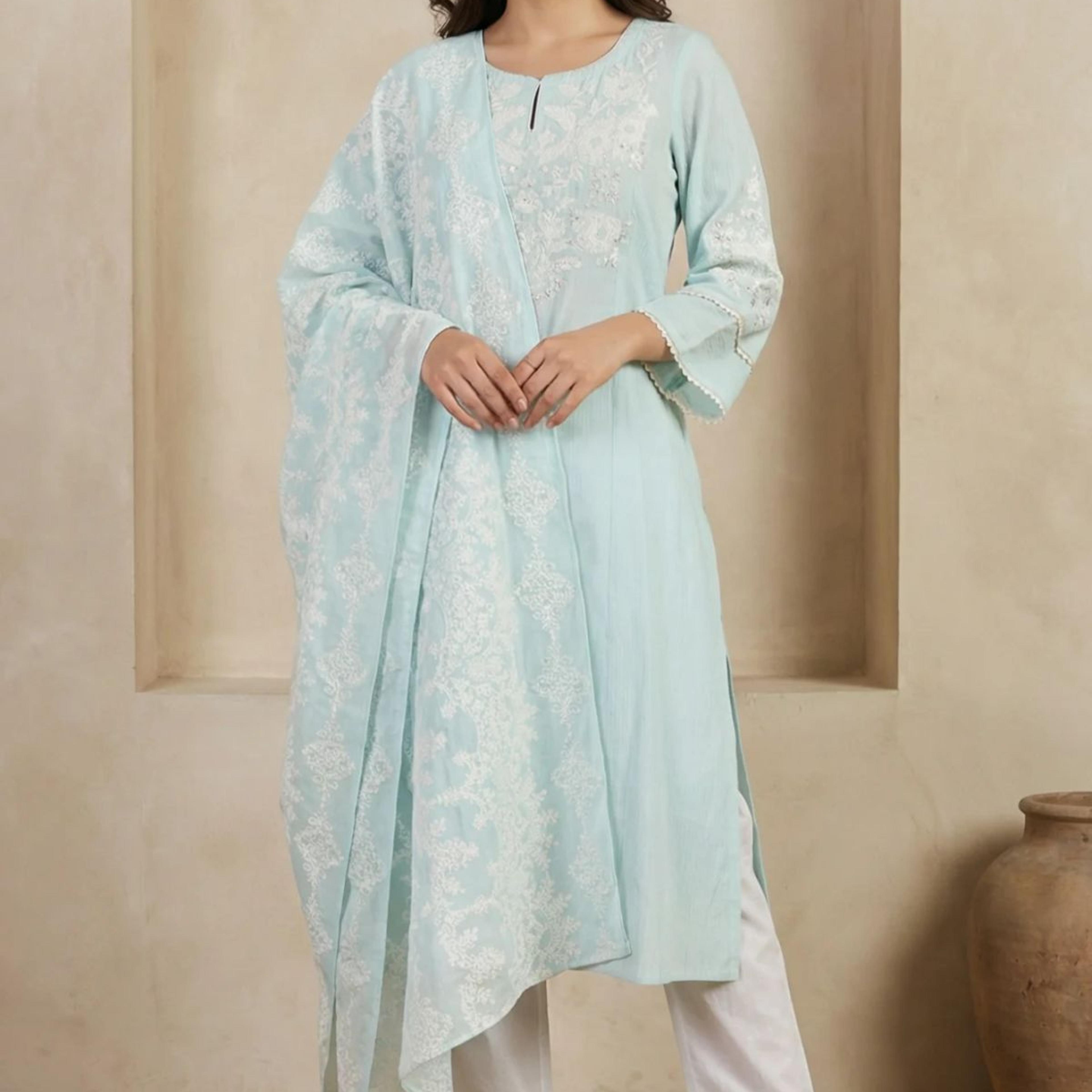 Blue Thread Embroidered Pure Cotton Straight Kurta with Straight Pants and Dupatta Set