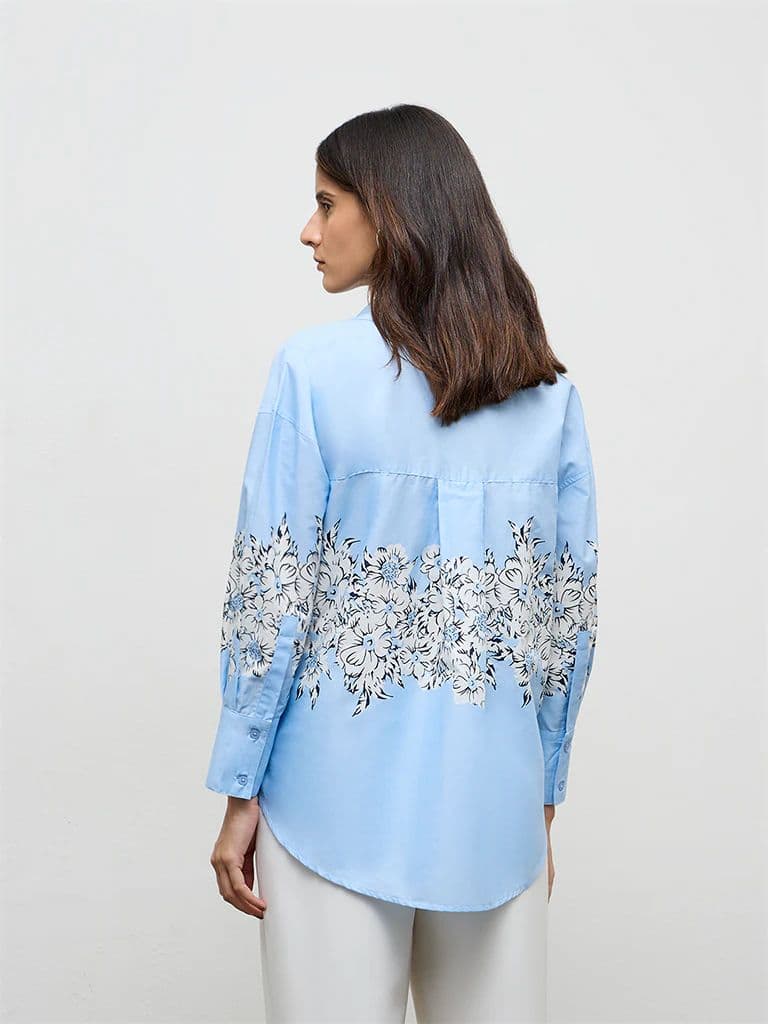 Wardrobe Light Blue Floral Printed Cotton Shirt — photo 4