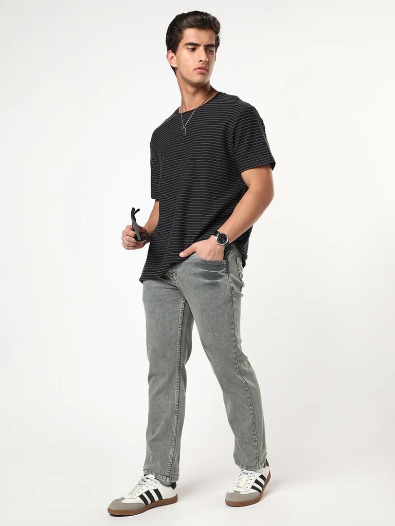 Men's Light Grey Regular Fit Acid Washed Denim Jeans Stretchable — photo 4