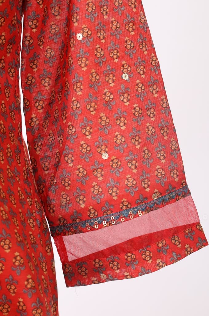 Red Floral Printed Sequins Chanderi Straight Kurta with Straight Pants and Dupatta Set — photo 7