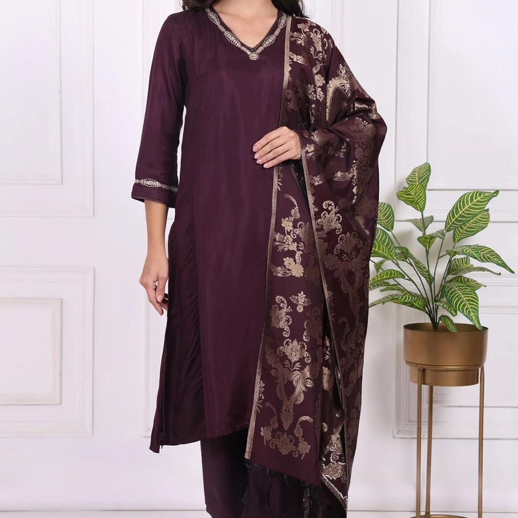 Maroon Embroidered Silk Straight Kurta, Pants and Dupatta Set