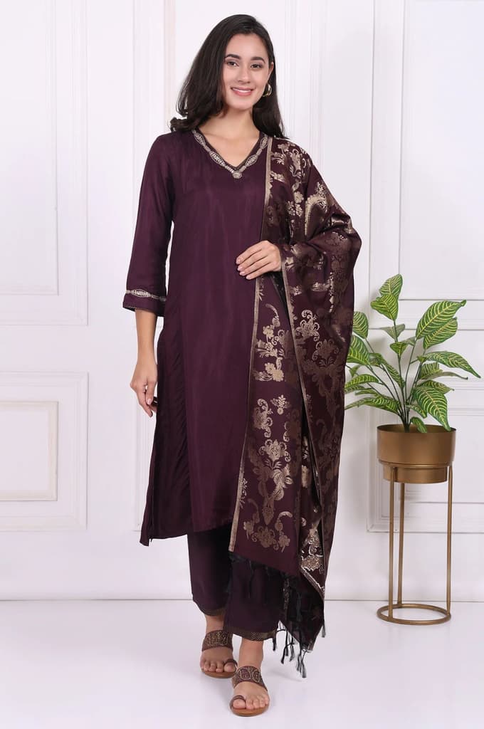 Maroon Embroidered Silk Straight Kurta, Pants and Dupatta Set — XS