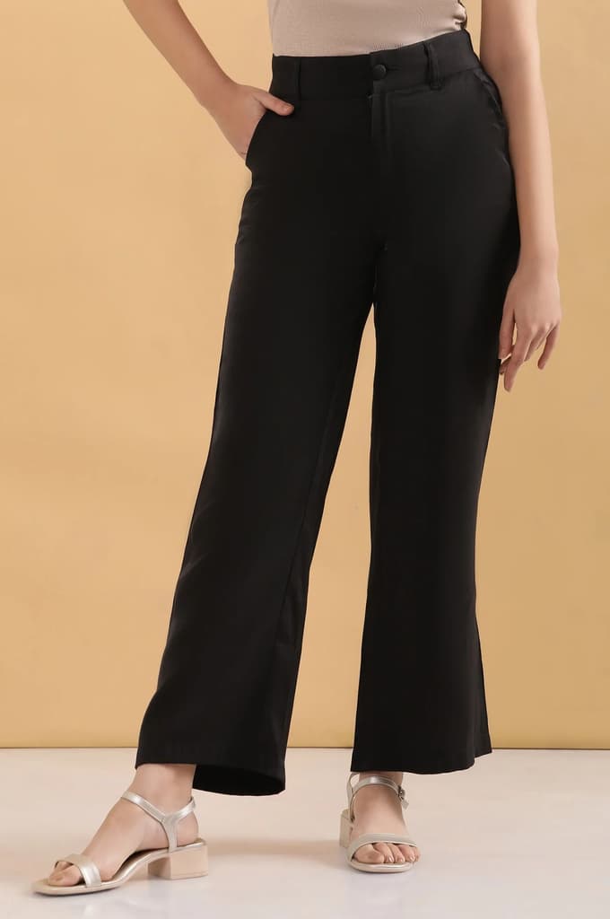 Black Solid Straight Fit Rayon Pants With Button And Zip Closure — photo 2
