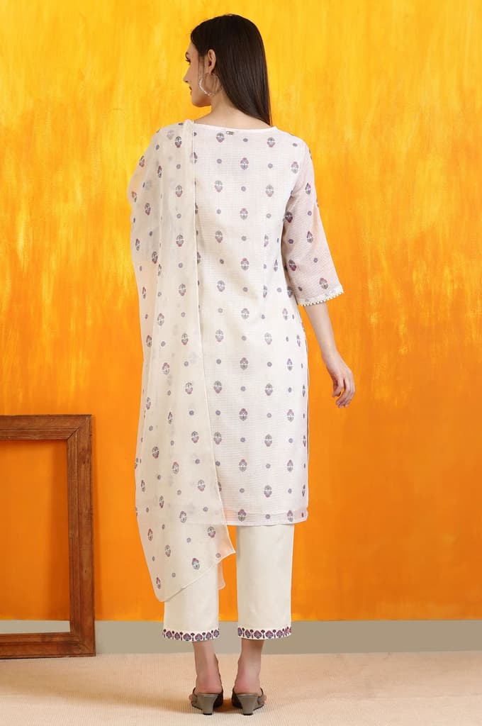 Light Beige Floral Printed Straight Kota Kurta, Pants and Dupatta Set — photo 6