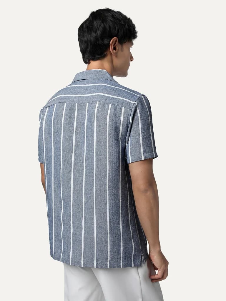 Men's Blue Cotton Half Sleeve Relaxed Fit Linen Striped Shirt with Cuban Collar — photo 4
