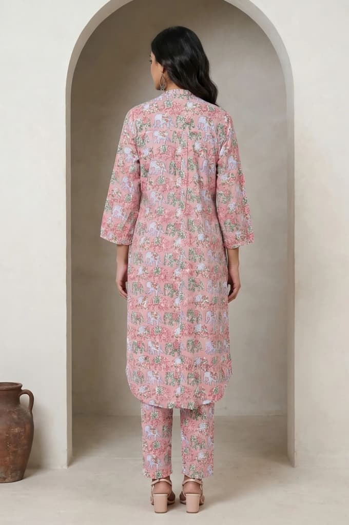Pink Block Printed Pure Cotton Straight Kurta with Pants Set — photo 5