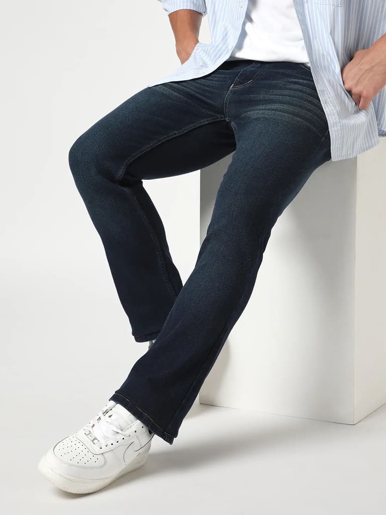 Men's Dark Blue Bootcut Fit Mid Rise Heavy Washed Jeans Stretchable — 28 / Dark Blue