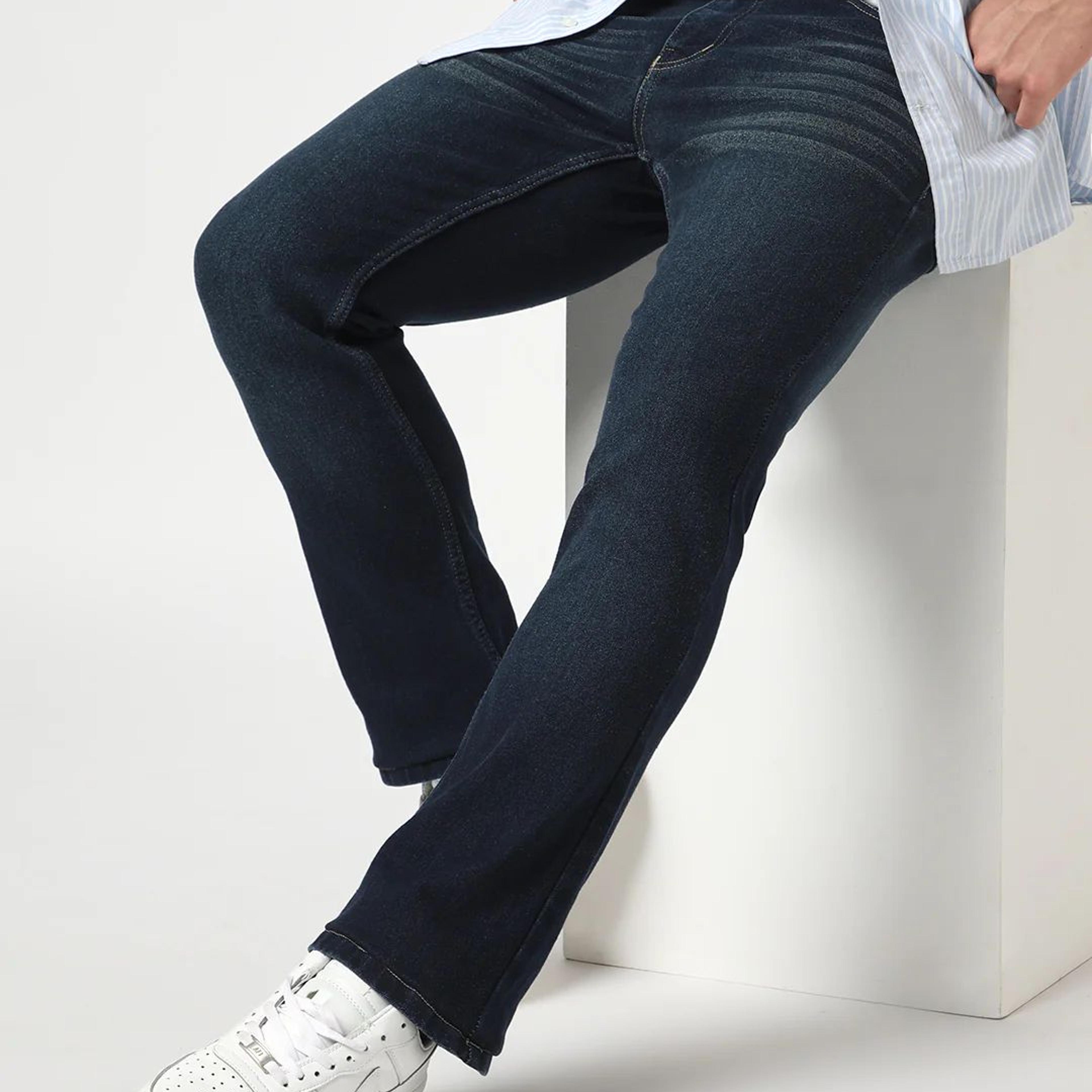 Men's Dark Blue Bootcut Fit Mid Rise Heavy Washed Jeans Stretchable