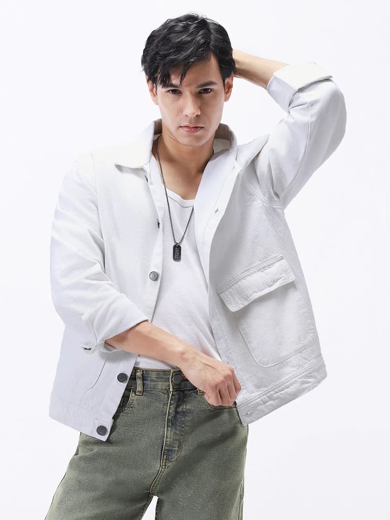 Men's White Relaxed Fit Full Sleeve Utility Denim Jacket