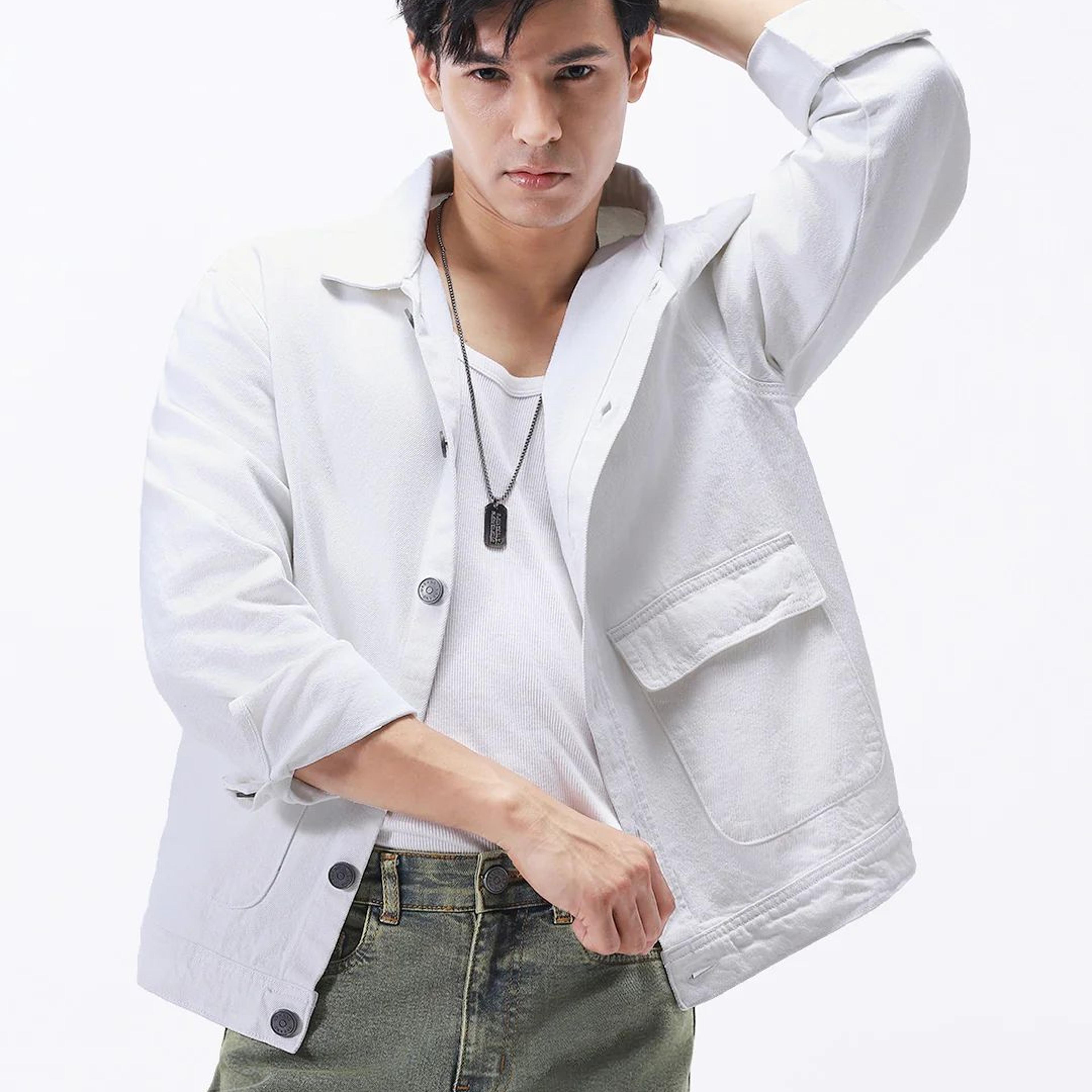 Men's White Relaxed Fit Full Sleeve Utility Denim Jacket