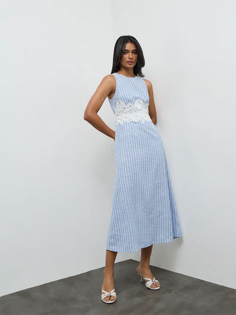 LOV Light Blue Striped Lace-Detailed Cotton A-Line Dress — photo 2